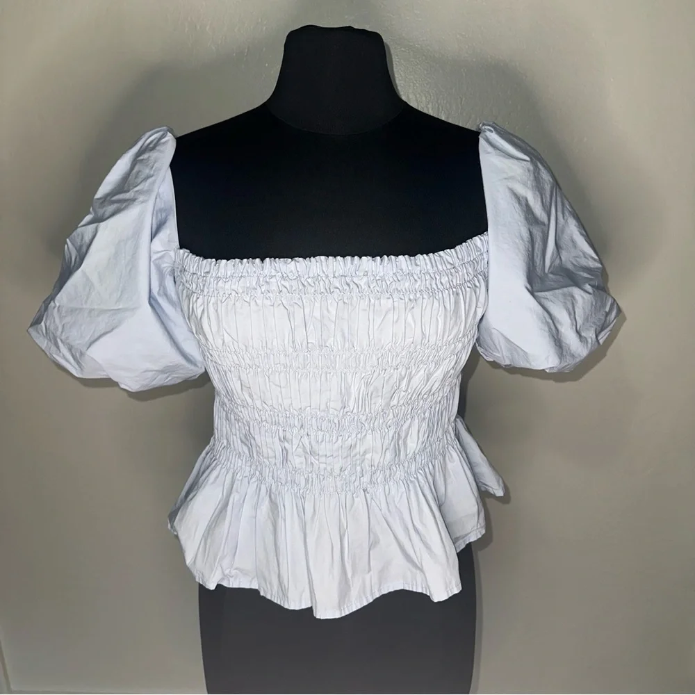 Astr Light Blue Smocked Puff Sleeve Blouse Size Medium